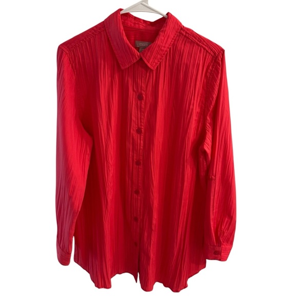 Chico's Satin Pleated Long Sleeve Button Up Blouse Top Size 2 (Lg) Coral Office - Picture 1 of 9